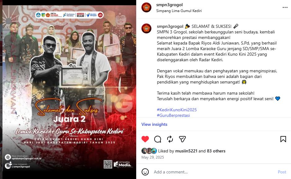 Guru SMPN 3 Grogol Raih Juara 1 Lomba Puisi Jangka Jayabaya Festival Kuno Kini 2026