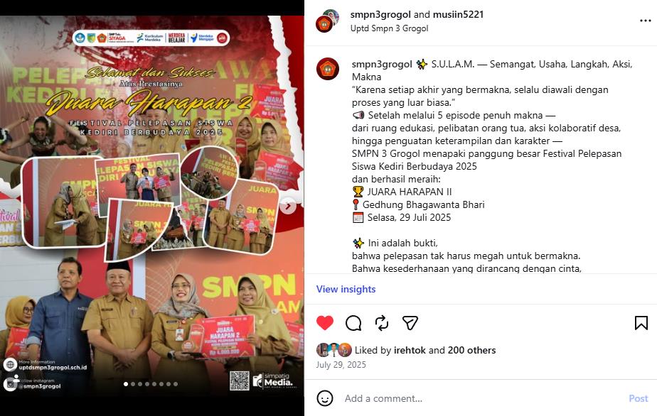 Juara Harapan 1 Festival Pelepasan Siswa Kediri Berbudaya 2025 Program SULAM