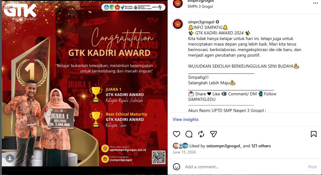 Kepala SMPN 3 Grogol Raih Juara 1 GTK Kediri Award 2024 Kepemimpinan Inklusif & Karakter