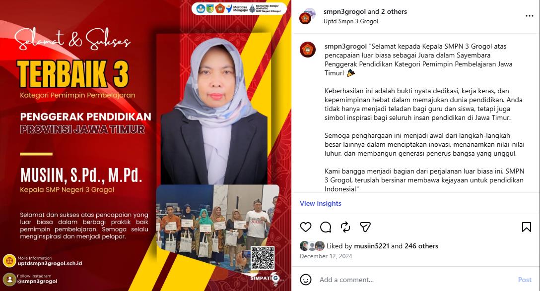 Kepala SMPN 3 Grogol Raih Juara 3 Pemimpin Pembelajaran dan Penggerak Pendidikan Jawa Timur