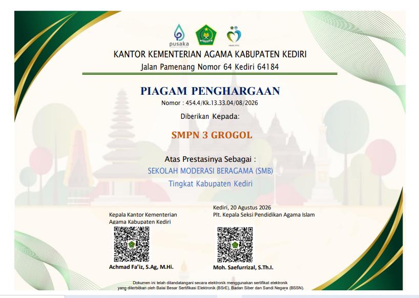 Piagam Penghargaan Kementerian Agama: SMPN 3 Grogol sebagai Sekolah Moderasi Beragama