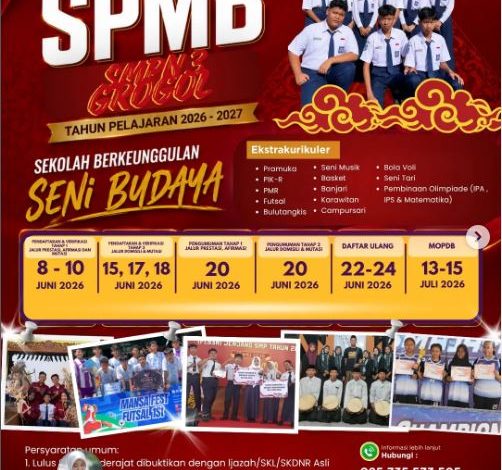SPMB SMPN 3 Grogol Tahun Pelajaran 2026/2027 Resmi Dibuka, Saatnya Bergabung Menjadi Bagian dari Sekolah Berkeunggulan Seni Budaya