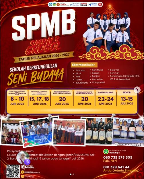 SPMB SMPN 3 Grogol Tahun Pelajaran 2026/2027 Resmi Dibuka, Saatnya Bergabung Menjadi Bagian dari Sekolah Berkeunggulan Seni Budaya
